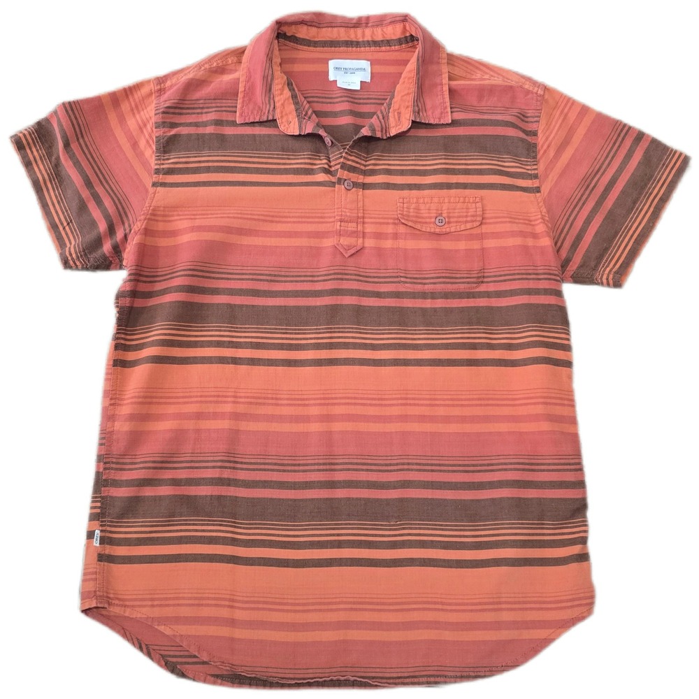 OBEY PROPAGANDA Striped Short Sleeve Button Up Shirt Men's Size M Orange‎ Brown